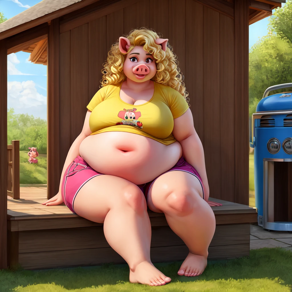 ((Best quality)), ((masterpiece)), (detailed), pig, pig girl, furry pig, big body, большой body, is sitting, smooth belly, shorts, серые shorts, T-shirt, View from afar, long hair, blonde hair, Beautiful face, skinny face, age 45, voluminous hair , curly hair, pig furry, Only 1 character, надутый belly, very big body, fat body, bloated body, pumped body, body looks like an inflated ball, backyard of the house, round belly, smooth belly, pump, belly is round, Navel, Long legs