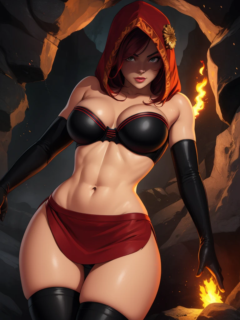 Dsorceress, redhair, shadowy face,dark cave, fire, hood, shadowed face, strapless bra, slim and athletic body, miniskirt, no panty, elbow gloves, dark skin, 1 girl (insanely detailed, masterpiece, best quality)