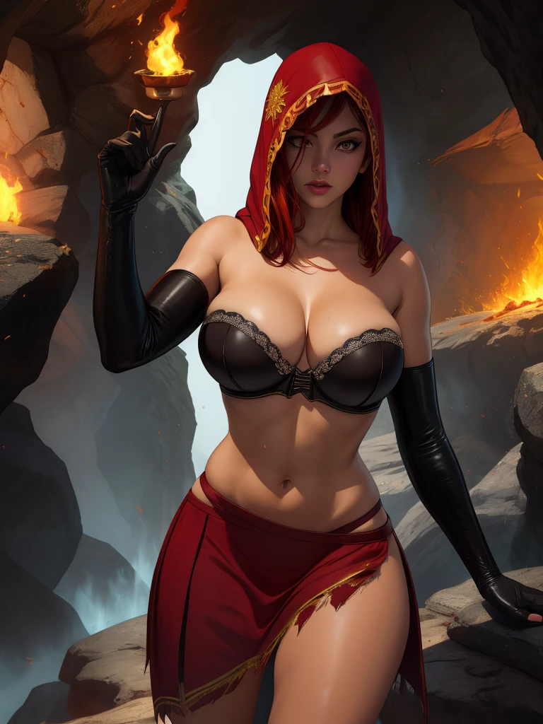Dsorceress, redhair, shadowy face,dark cave, fire, hood, shadowed face, strapless bra, slim and athletic body, miniskirt, no panty, elbow gloves, dark skin, 1 girl (insanely detailed, masterpiece, best quality)