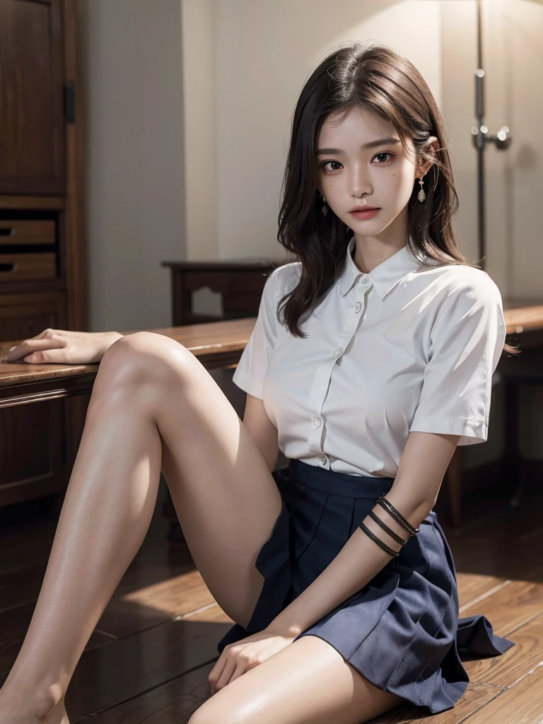 absurdres, RAW photo, extremely delicate and beautiful, masterpiece, Best Quality, ultra high resolution, 32k, hyperrealistic, ultra-detailed, perfect anatomy, super Detailed skin, perfect figure, Super Beauty, Perfect Style, Perfect balance, Beautiful Lighting, Perfect Lightning, Realistic Shadows, 20 years old, very Slim body, narrow waist, very small head, very small face, delicate facial features, handsome detailed woman, very detailed eyes and face, realistic face proportions, Realistic beautiful face, Realistic beautiful eyes, tearful mole, earring, very huge round breasts, legs, medium hair, asymmetrical hair, full_body_shot, indoor, school_uniform, short skirt, bare foots,