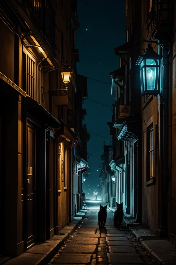 *The night adventure*: A page where cats sneak through the dark streets of the city, with windows that open to reveal the glowing eyes of vigilant robots.