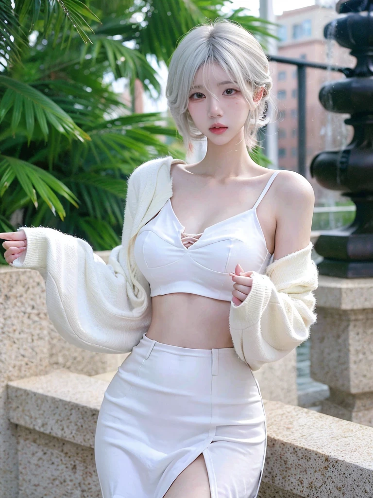 Beautiful woman with perfect figure:1.4,snow,Touching butt with both hands,snow背景,Layered Hairstyle,White skin,Prominent cleavage,Pleated Skirt,whole body,Very delicate face and skin texture,Double eyelids,Skin Whitening,Long white hair