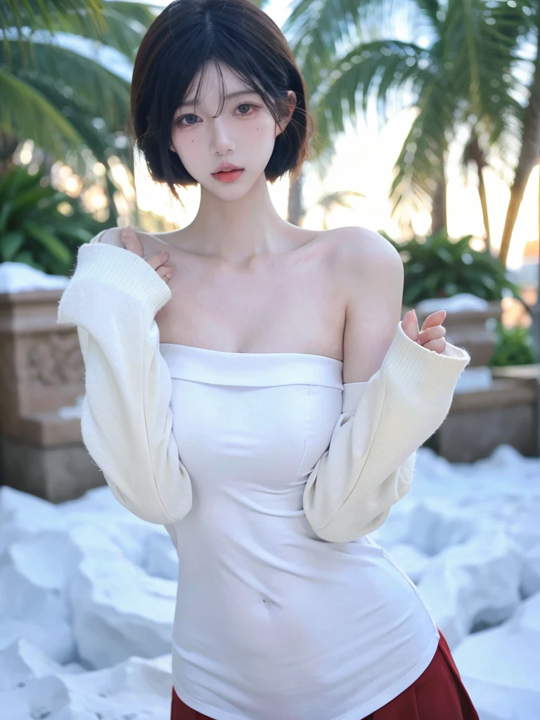 Beautiful woman with perfect figure:1.4,snow,Touching butt with both hands,snow背景,Layered Hairstyle,White skin,Prominent cleavage,Pleated Skirt,whole body,Very delicate face and skin texture,Double eyelids,Skin Whitening,Long white hair