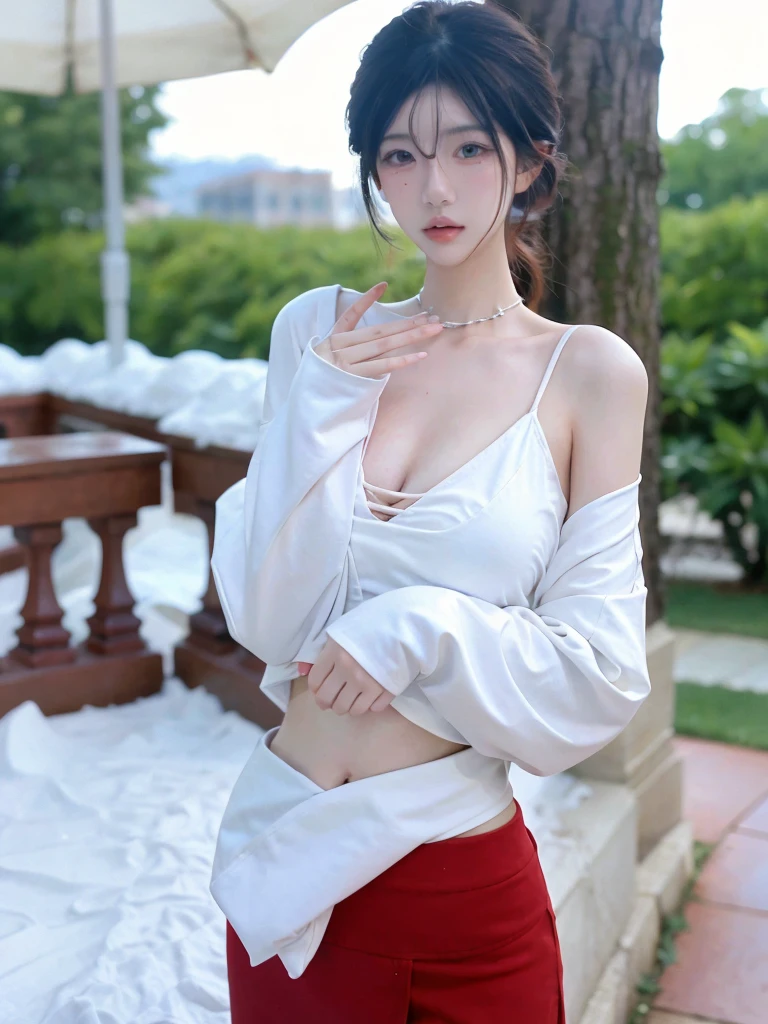 Beautiful woman with perfect figure:1.4,snow,Touching butt with both hands,snow背景,Layered Hairstyle,White skin,Prominent cleavage,Pleated Skirt,whole body,Very delicate face and skin texture,Double eyelids,Skin Whitening,Long white hair