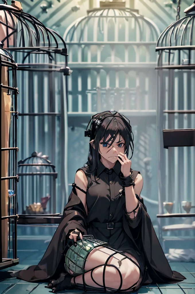 (caustics, masterpiece, best quality, high quality, ultra detailed), (black hood, black jacket, scary face, black costume, black gloves, 1girl, solo, curly, covering one eye, hair over one eye, black hair, black eyes, black skin, black, twintails, low twintails), (parody, formal, style parody, cage, Inside the Jail, in the cage:2.0), scenery, cowboy shot, teeth, sleeveless, armpits, hair over one eye, grin, facing viewer, beautiful, sad, grumpy, annoyed, disgust, shy, angry, tearful, crying, weeping, shedding tears, streaming tears, wiping tears, sobbing, frowning, scowl, pissed off, glaring, seiza, sitting on the floor, GtsGiga,outdoors, trying to bend the bars,fanasty,Gtscity,cityscape, town square,giantess captured in a cage
