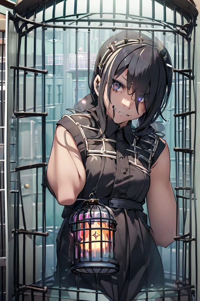 masterpiece, detailed, best quality, beautiful girl, ponytail, school swimsuit, pillory, troubled face, (dark dungeon), prison