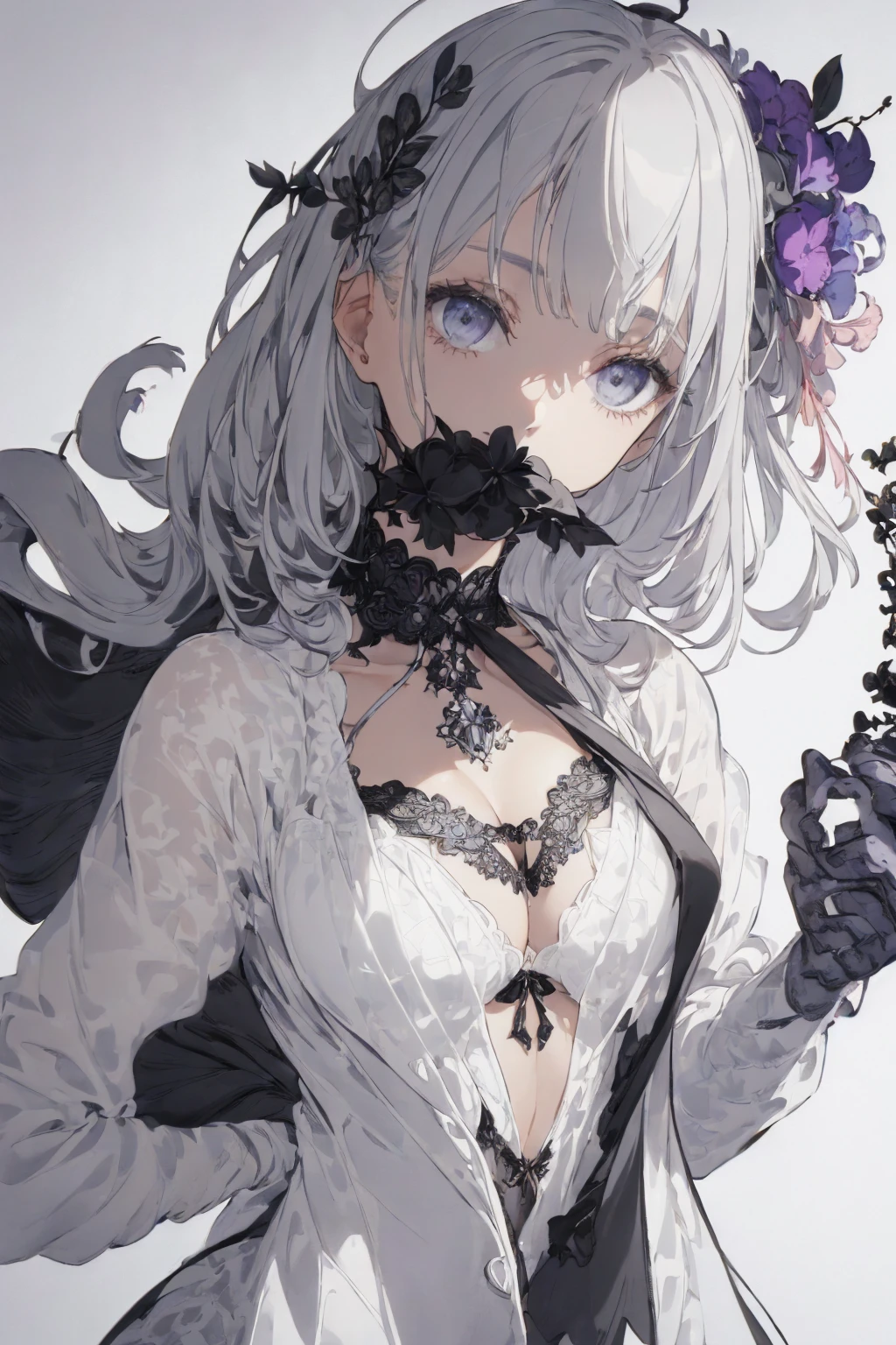 (summer clothing photo:1.1, gray white background:1.5), Masterpiece, best quality, (very detailed CG unity 8k wallpaper), (best quality), High definition RAW color art, Animation,sculptures, (black Marble Skin), (((Ultra detailed elegant))), Magical atmosphere, Detailed skin, Texture,(Intricately detailed, Fine detail, ultra-detail art), Silky Touch, Hyper Detail, beautiful eyes, Elegant Face, (lying alone), enormous breast:1.3, (silver hair), pastel purple, embarrassing face, wide open udder, black bikini, Holding a bouquet of grey flowers, necktie, casual