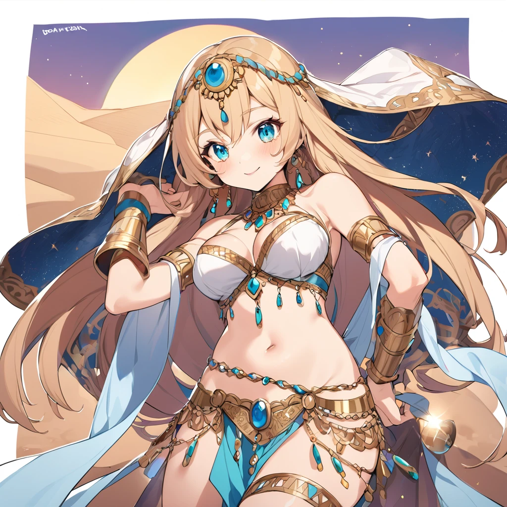 ((kinako (shiratama mochi) style)), colorful eyes, soft style, masterpiece, solo, 1 girl, topless, large nipples, nipples, white sarong, harem outfit, semi transparent skirt, beautiful art, vibrant, flat chests, desert, tent, platinum blonde hair, dancing, different poses, narrow waist, slender legs, hairband, jewely, necklace, bracelet, white mouth veil, veil, headdress, navel, thigh strap, abstract, night, moonlight, light hair, waist pouch, blue eyes, high angle shot, top view, black eyeliner, sparkling, winking, side view, arched back, flexible body, serene face, soft eyes, relaxed, calm, smiling, bonfire, enchanted, thin, ribcage