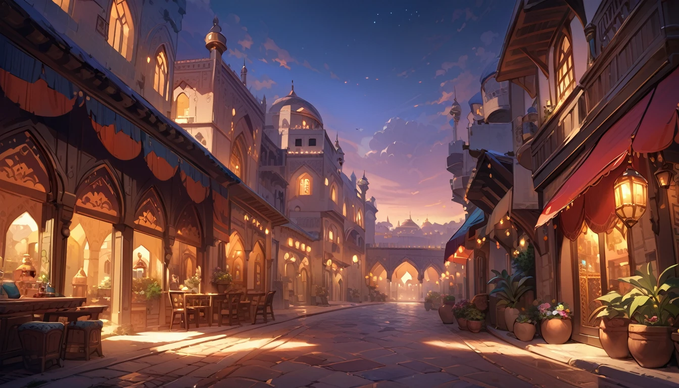 Highest quality,masterpiece,Arabian style town,landscape,There are no humans,Fantasy,Charming streetscape,Concept Art,Fantasy,night,