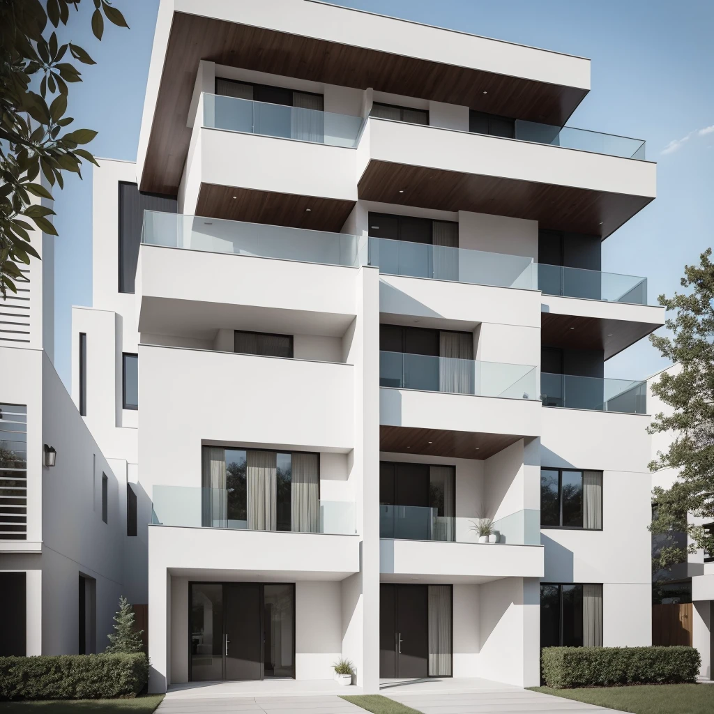 Create a vertical image of a modern two-story house with a commanding and minimalist facade. The front facade should feature clean lines and an elegant design, using materials like glass, concrete, and metal for a sophisticated and imposing appearance. Incorporate large windows that showcase the interior while maintaining a contemporary style. The main entrance should be prominently featured with a striking architectural design.