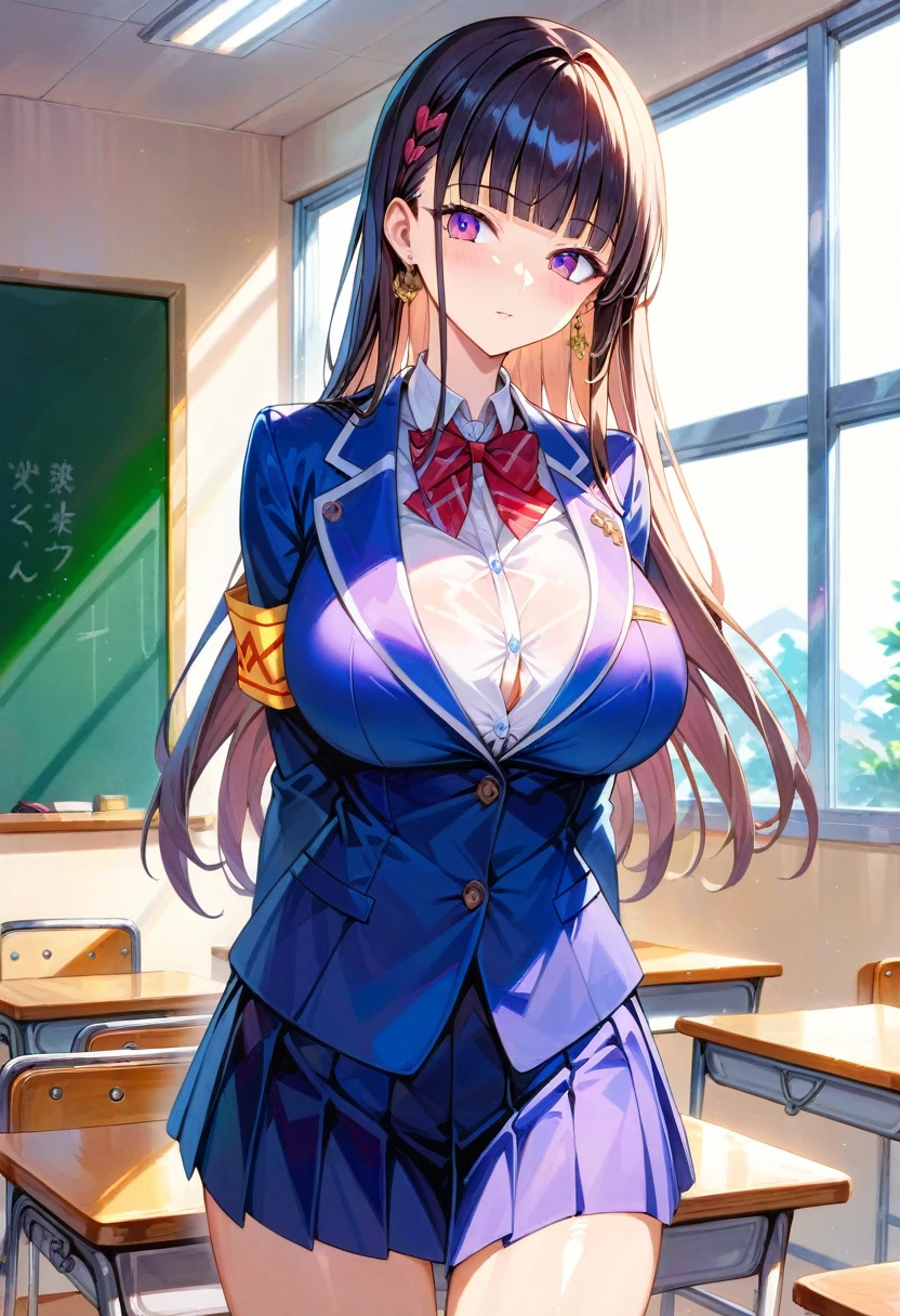 Score_9, score_8_up, 4k, 8k, detailed face, source_anime, artstation, grandeur, intricate-details, depth-of-view, flatshading, BREAK 1girl, huge breasts, long hair, black hair, blunt bangs, blazer, armband,  skirt, student council president, smooth skin, rating_questionablle, classroom, expressionless, blush