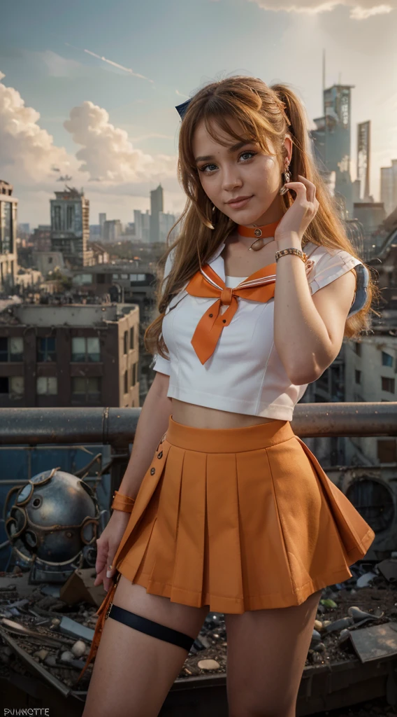 masterpiece, Highest quality, High resolution, Venus 1, One girl, alone, Sailor Warrior Uniform, Sailor Venus, aino minako, Blonde, Magical girl, blue eyes, Orange Skirt, Elbow hand pockets, tiara, Pleated skirt, Hair Ribbon, Orange sailor collar, mini skirt, choker, Red Bow, orange choker, White gloves, Very long hair,  jewelry,  Earrings, Cowboy Shot, smile,,More detailed 8K.Unreal Engine:1.4,超High resolution,La Highest quality:1.4, Realistic:1.4, Skin Texture:1.4, masterpiece:1.8,first work, Highest quality,Object Object], (Detailed facial features:1.3),(Fine hand:1.4),(Apocalyptic destroyed cityscape:1.4)