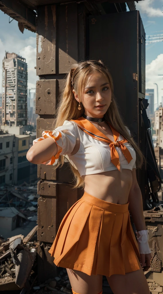 masterpiece, Highest quality, High resolution, Venus 1, One girl, alone, Sailor Warrior Uniform, Sailor Venus, aino minako, Blonde, Magical girl, blue eyes, Orange Skirt, Elbow hand pockets, tiara, Pleated skirt, Hair Ribbon, Orange sailor collar, mini skirt, choker, Red Bow, orange choker, White gloves, Very long hair,  jewelry,  Earrings, Cowboy Shot, smile,,More detailed 8K.Unreal Engine:1.4,超High resolution,La Highest quality:1.4, Realistic:1.4, Skin Texture:1.4, masterpiece:1.8,first work, Highest quality,Object Object], (Detailed facial features:1.3),(Fine hand:1.4),(Apocalyptic destroyed cityscape:1.4)