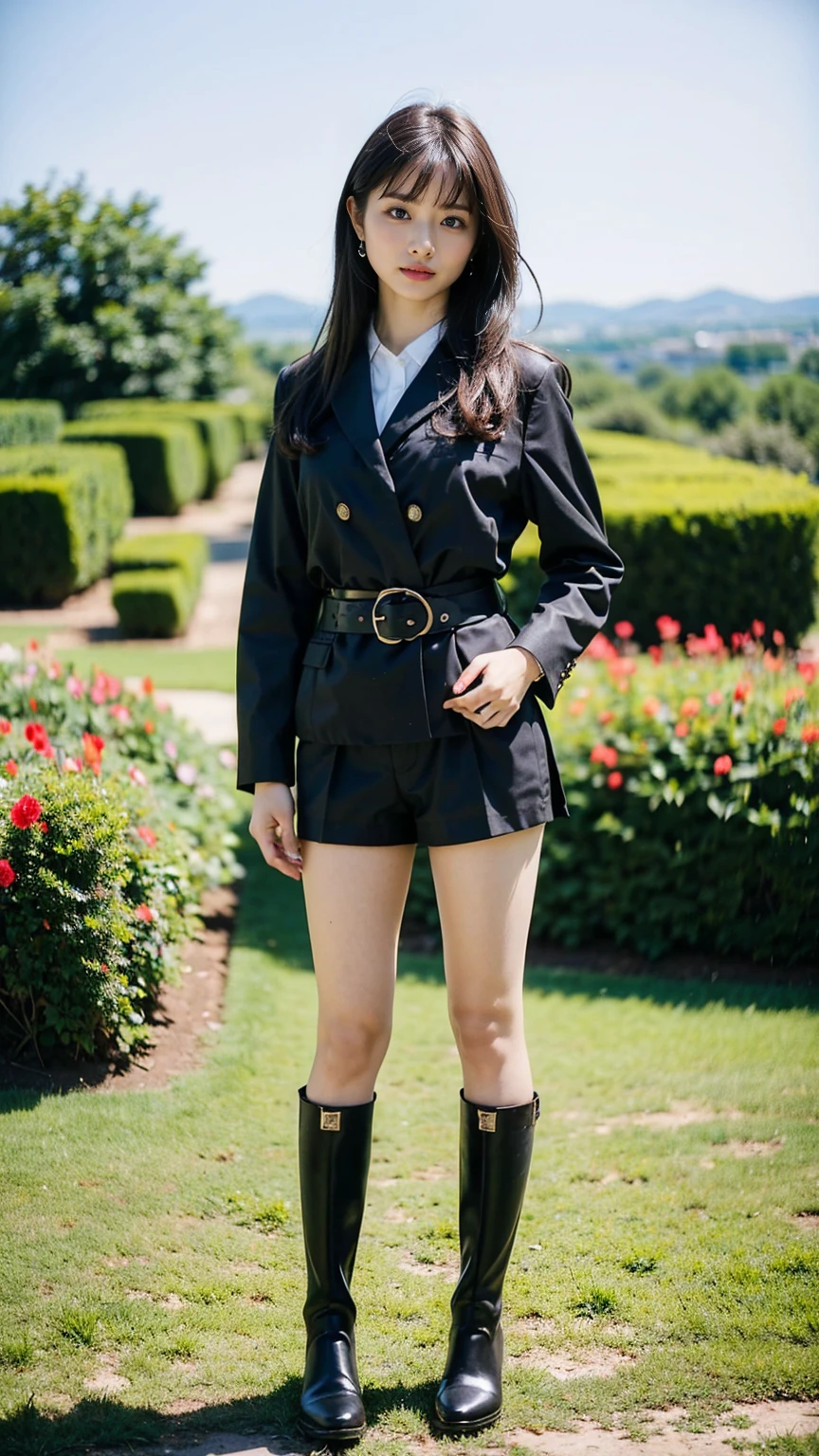 (8k、RAW Photos、Highest quality、masterpiece:1.2)、(Realistic、Realistic)、1 Girl、((suit、Black shorts、Shortcutini skirt、boots、garden、View from the front、Looking at the camera、belt、Hands on your hips))、cute