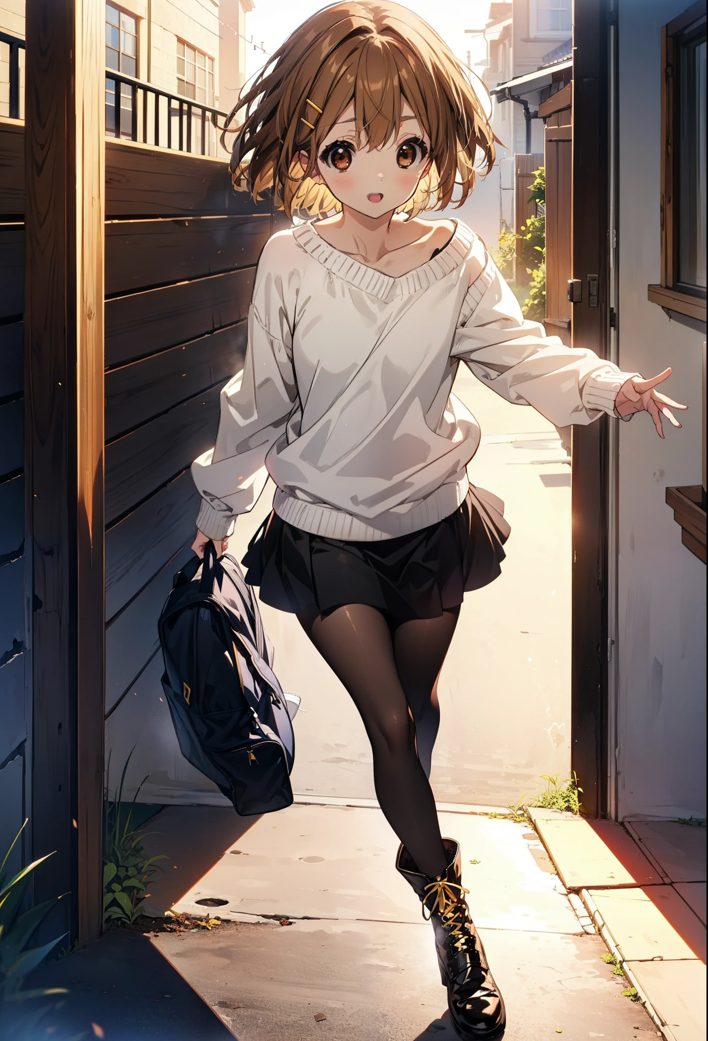 yuihirasawa, Yui Hirasawa, short hair, Brown Hair, hair ornaments, (Brown eyes:1.5), Hair Clip,One-shoulder sweater,mini skirt,Black pantyhose,short boots,Walking,morning,morning陽,The sun is rising,smile,Open your mouth,whole bodyがイラストに入るように
break outdoors,University,school gate, 
break looking at viewer, whole body,
break (masterpiece:1.2), Highest quality, High resolution, unity 8k wallpaper, (figure:0.8), (Beautiful attention to detail:1.6), Highly detailed face, Perfect lighting, Highly detailed CG, (Perfect hands, Perfect Anatomy),