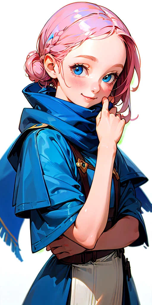 realistic, 1 girl, full height, big bright blue eyes, Fair smooth skin, pink hair tied up in a neat hairstyle, small nose slightly potato, blue coat, blue scarf with red veins, smile, easy and friendly, White background, (masterpiece), Best quality, happy, friendly