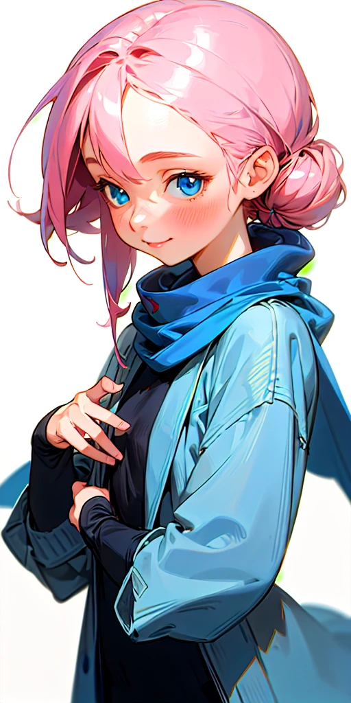 realistic, 1 girl, full height, big bright blue eyes, Fair smooth skin, pink hair tied up in a neat hairstyle, small nose slightly potato, blue coat, blue scarf with red veins, smile, easy and friendly, White background, (masterpiece), Best quality, happy, friendly