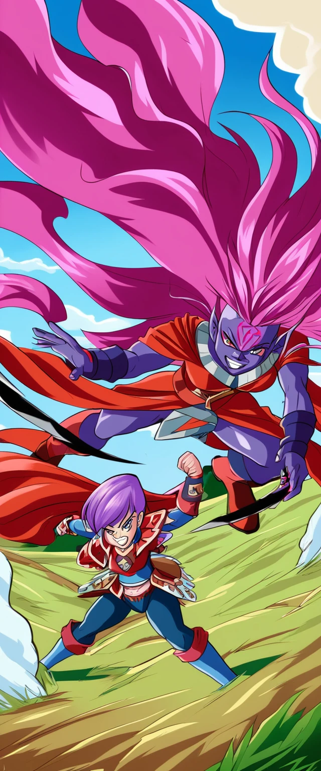 Lilith, in battle against his lilac enemy, in an open field duel, with power of ki, with battle marks from both girls.