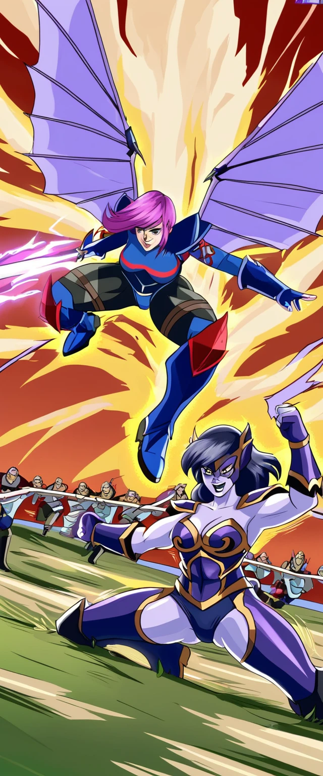 Lilith, in battle against his lilac enemy, in an open field duel, with power of ki, with battle marks from both girls.