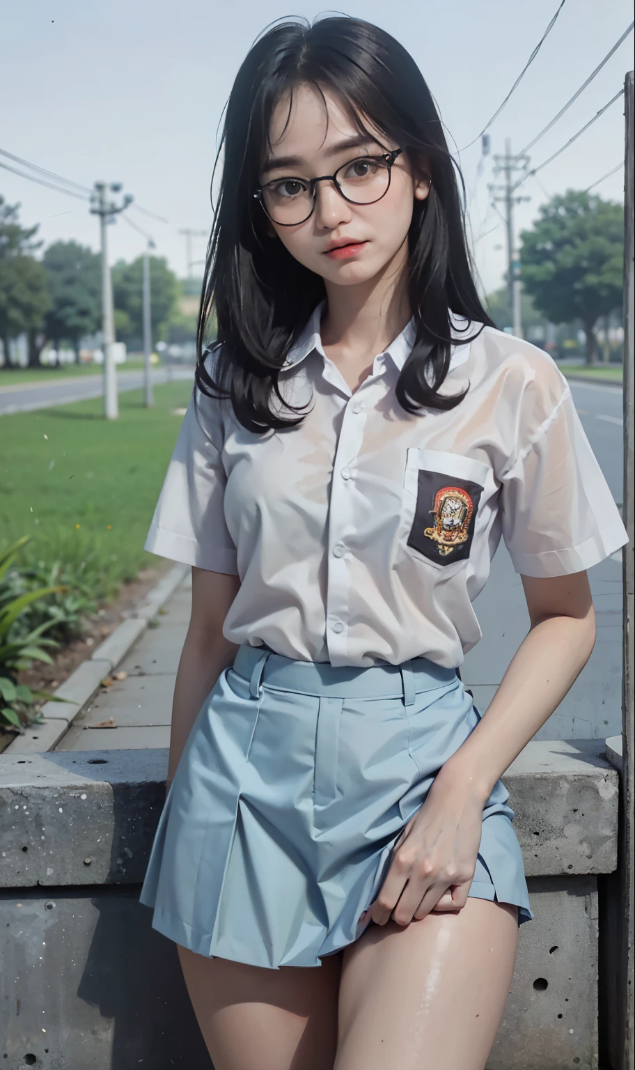 18 years old girl, (((at park))), (transparent white shirt), (wet shirt), (short skirt), RAW photo, (photorealistic:1.37, realistic), highly detailed CG unified 8K wallpapers, 1girl, ((slender body:1)), (small breasts:1.3), looking at viewer, ((straight from front)), (HQ skin:1.2), (clean skin:1.2), 8k uhd, dslr, soft lighting, high quality, film grain, Fujifilm XT3, (full body:0.8) , tokyolagii , (bold glasses), full body in, perfect body, two legs, long legs, naval, (wide waist:1.2), (big tigh:1.3)