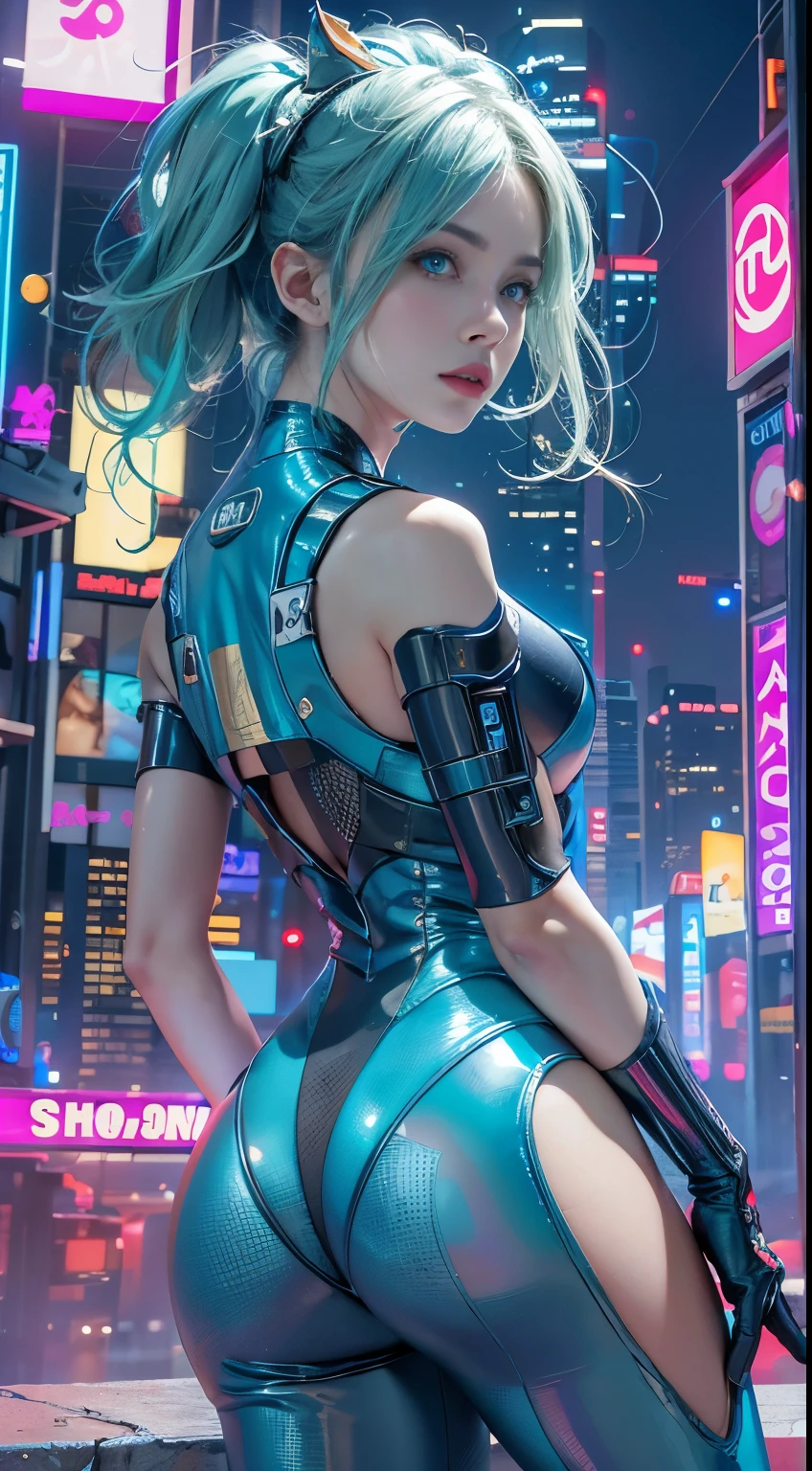 (8K, Best quality, Masterpiece: 1, 2), (Realistic, photograph realistic: 1,37), Top quality, Masterpiece, Skinny 1 girl Negona upper body photo (Photo realistic),A cyberpunk girl with green eyes and shiny blue hair stands against a backdrop of a futuristic cityscape. She wears a sleek, metallic blue bodysuit that shimmers under the neon lights. The city behind her is a blend of towering skyscrapers and neon signs, pulsating with vibrant colors