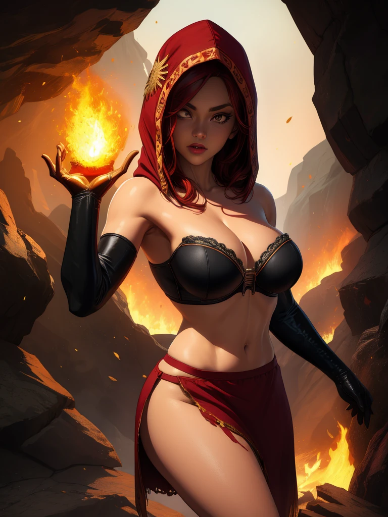 Dsorceress, redhair, shadowy face,dark cave, fire, hood, shadowed face, strapless bra, slim and athletic body, miniskirt, no panty, elbow gloves, dark skin, 1 girl (insanely detailed, masterpiece, best quality)
