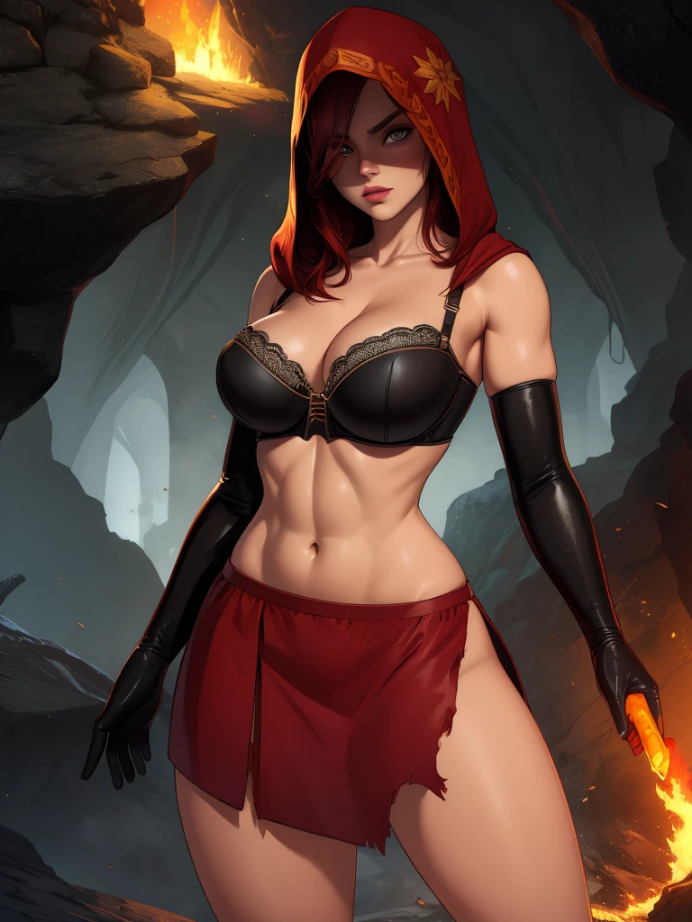 Dsorceress, redhair, shadowy face,dark cave, fire, hood, shadowed face, strapless bra, slim and athletic body, miniskirt, no panty, elbow gloves, dark skin, 1 girl (insanely detailed, masterpiece, best quality)
