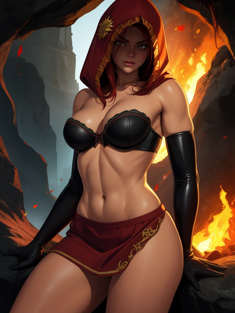 Dsorceress, redhair, shadowy face,dark cave, fire, hood, shadowed face, strapless bra, slim and athletic body, miniskirt, no panty, elbow gloves, dark skin, 1 girl (insanely detailed, masterpiece, best quality)