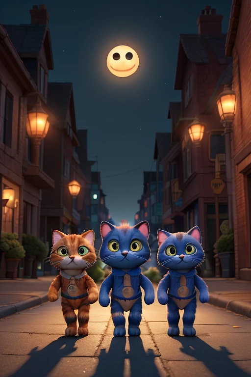 *The night adventure*: A page where three human cats sneak through the dark streets of the city, with windows that open to reveal the glowing eyes of vigilant robots.
