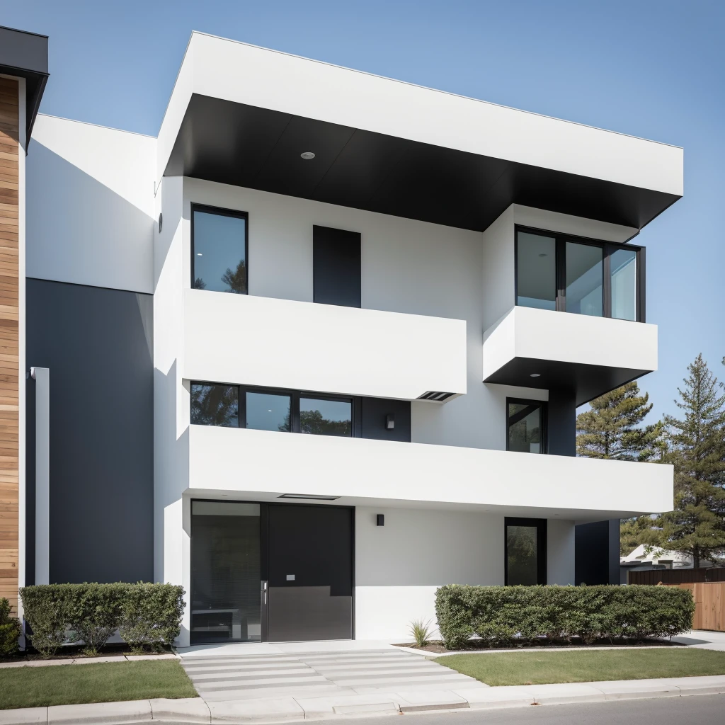 Create a vertical image of a modern single-story house with a commanding and minimalist facade. The front facade should feature clean lines and an elegant design, using materials like glass, concrete, and metal for a sophisticated and imposing appearance. Include large windows that showcase the interior while maintaining a contemporary style. The main entrance should be prominently featured with a striking architectural design.