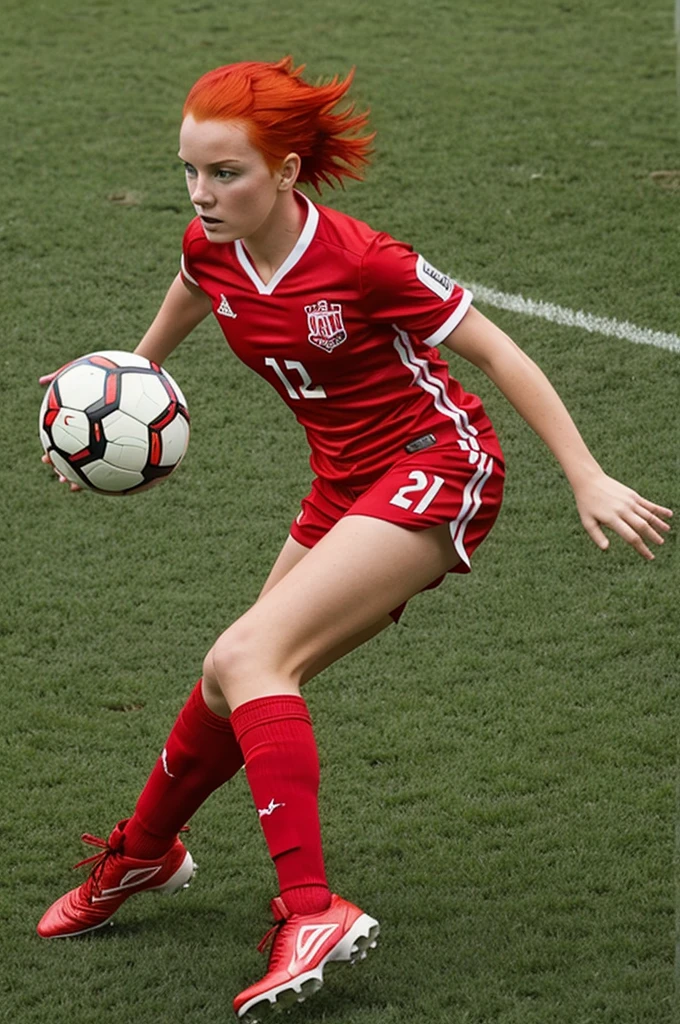 Spikey red head girl with bright red hair, wears a bright red soccer uniform.