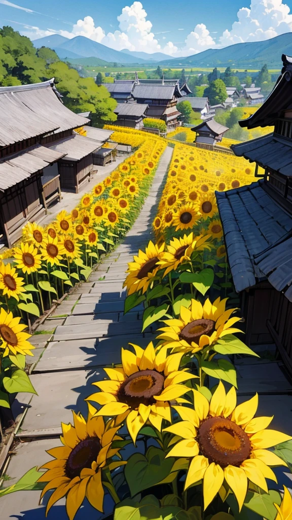 Create an image featuring vibrant sunflowers in the foreground with their large, bright yellow petals and dark brown centers. Behind the sunflowers, include traditional thatched-roof houses known as "Gassho-zukuri," which are characteristic of the historic villages of Shirakawa-go and Gokayama in Japan. These houses should have steeply slanted roofs to prevent snow accumulation, resembling hands in prayer. The background should be a lush green rural landscape with gentle rolling hills and a clear blue sky above, capturing the essence of a warm, sunny day.