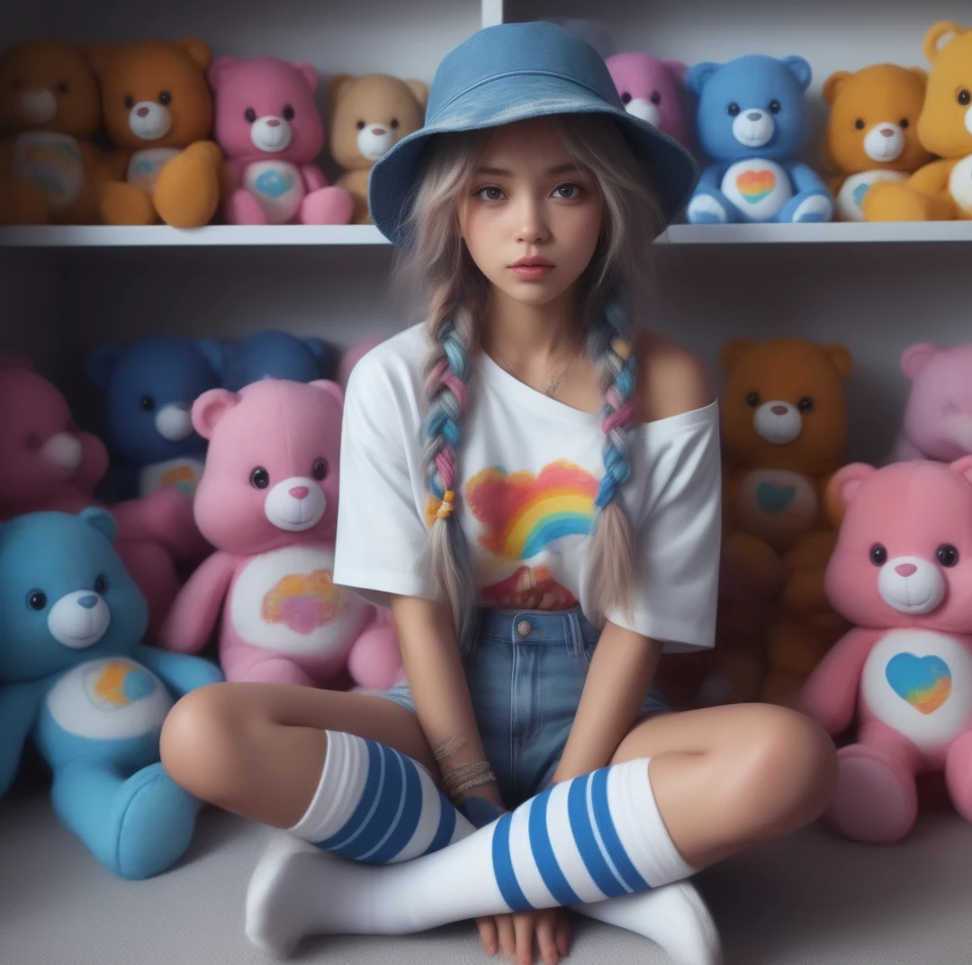 hyper realistic female, multi-colored braids, blue bucket hat, white graphic baby tee, distressed jean shorts, striped knee high blue and white socks, sitting by a shelf of care bear stuffies, holding a care bear