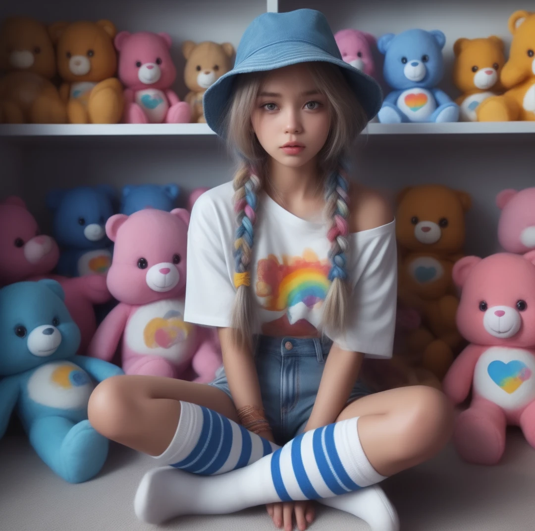 hyper realistic female, multi-colored braids, blue bucket hat, white graphic baby tee, distressed jean shorts, striped knee high blue and white socks, sitting by a shelf of care bear stuffies, holding a care bear