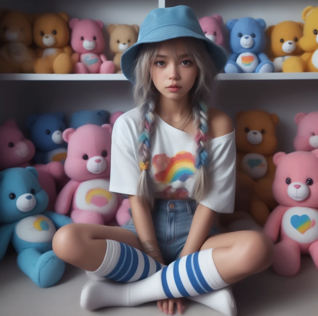 hyper realistic female, multi-colored braids, blue bucket hat, white graphic baby tee, distressed jean shorts, striped knee high blue and white socks, sitting by a shelf of care bear stuffies, holding a care bear