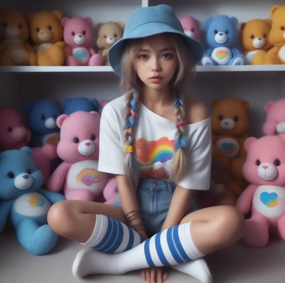 hyper realistic female, multi-colored braids, blue bucket hat, white graphic baby tee, distressed jean shorts, striped knee high blue and white socks, sitting by a shelf of care bear stuffies, holding a care bear