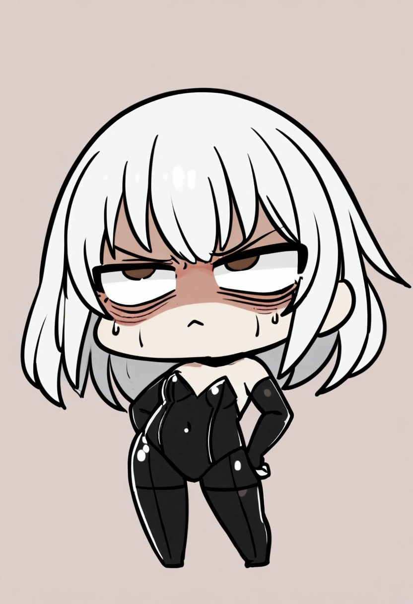1girl with long white hair, brown eyes, erotic latex bunny suit, disgust on face, chibi style, simple background, full standing