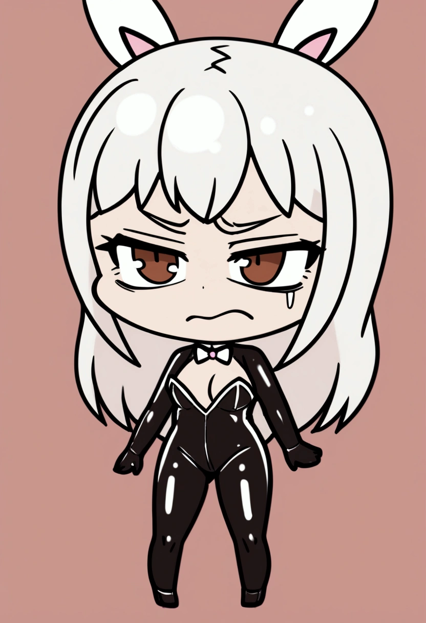 1girl with long white hair, brown eyes, erotic latex bunny suit, disgust on face, chibi style, simple background, full standing