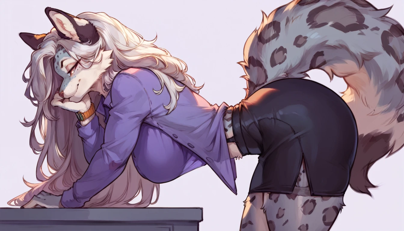 (solo) female anthro snow leopard, long fluffy hair,snow leopard, big breasts, attractive,off shoulder kimono, garter belt tightts, fit body, snow leopard tail,, thicc, freckles, freckles on face, smug eyes, (mad expression), she is standing look to the right, violet background, simple background, thick thighs  (side view) high heels (anthro, fluffy fur:2.2) rom the back, backsite, from back, focus on butt, watch your back, biki big butt sexy butt sexy but invitation, bent over