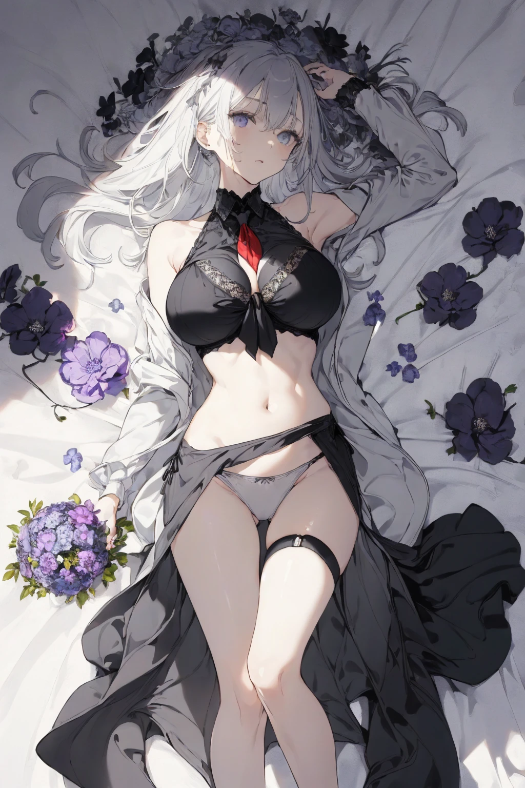 (summer clothing photo:1.1, gray white background:1.5), Masterpiece, best quality, (very detailed CG unity 8k wallpaper), (best quality), High definition RAW color art, Animation,sculptures, (black Marble Skin), (((Ultra detailed elegant))), Magical atmosphere, Detailed skin, Texture,(Intricately detailed, Fine detail, ultra-detail art), Silky Touch, Hyper Detail, beautiful eyes, Elegant Face, (lying alone), enormous breast:1.3, (silver hair), pastel purple, embarrassing face, wide open udder, black bikini, Holding a bouquet of grey flowers, necktie, casual