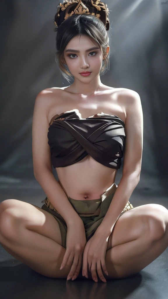 Masterpiece, Highest quality, HDR, high contrast,    ((beautiful girl, Thai female soldier)),   Bun hair,  Highly detailed lips,     Detailed eyes,     Double eyelids,    Makeup.    

((Thai Fluke Set, Strapless shirt)),

Long legs_full body.    sit down.    Under the floor.   ((dark background))