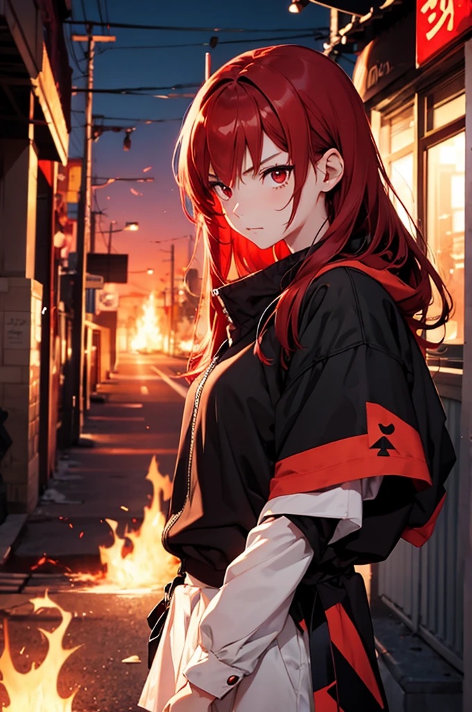 girl anime, 15 years, selfie, head-set, music, red eyes, red hair, angry, fire background