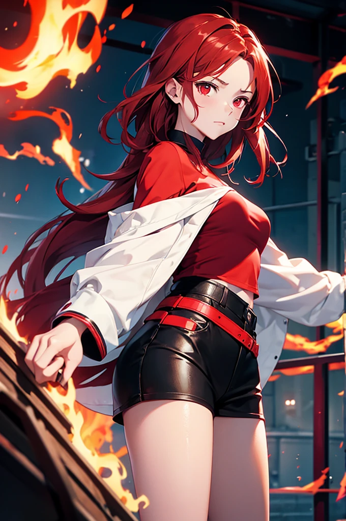 girl anime, , selfie, head-set, music, red eyes, red hair, angry, fire background