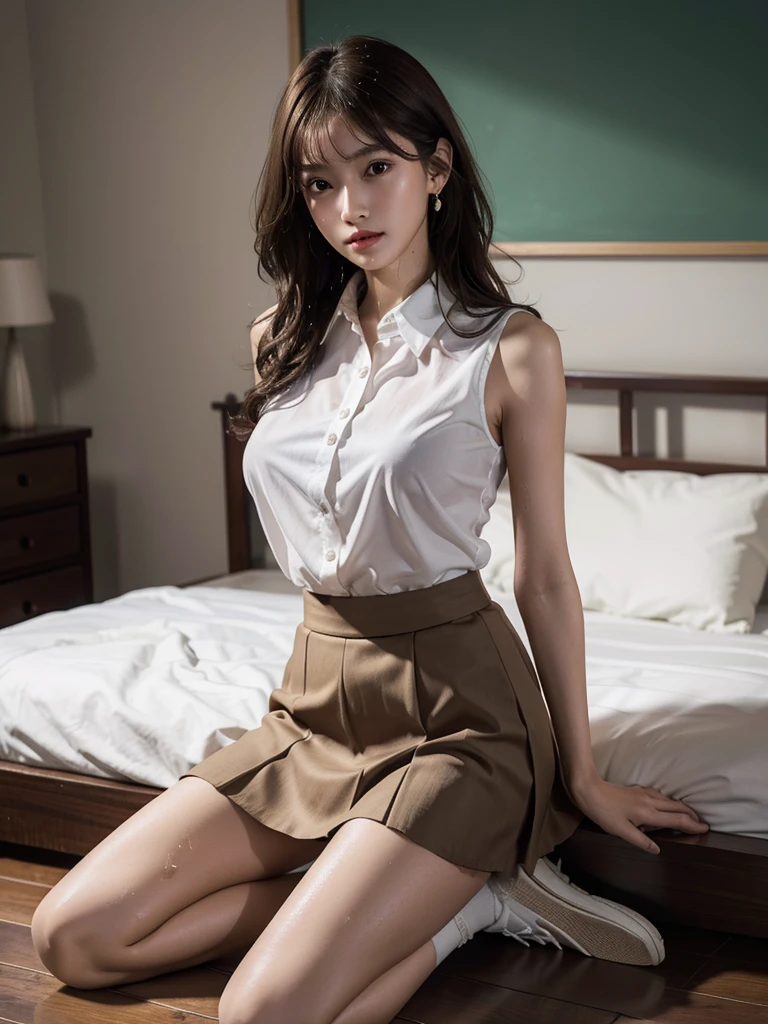 absurdres, RAW photo, extremely delicate and beautiful, masterpiece, Best Quality, ultra high resolution, 16k, hyperrealistic, ultra-detailed, perfect anatomy, super Detailed skin, perfect figure, Very detailed CG 8k wallpaper, in her 20s, very Slim body, narrow waist, very small head, very small face, delicate facial features, tearful mole, earring, thin legs, (very huge round breasts), 1 girls, (full body shot), bare legs, short hair, wavy hair, light brown hair, ((wet)), (school uniform), skirt, collared dress shirt, bed, sleeveless,
