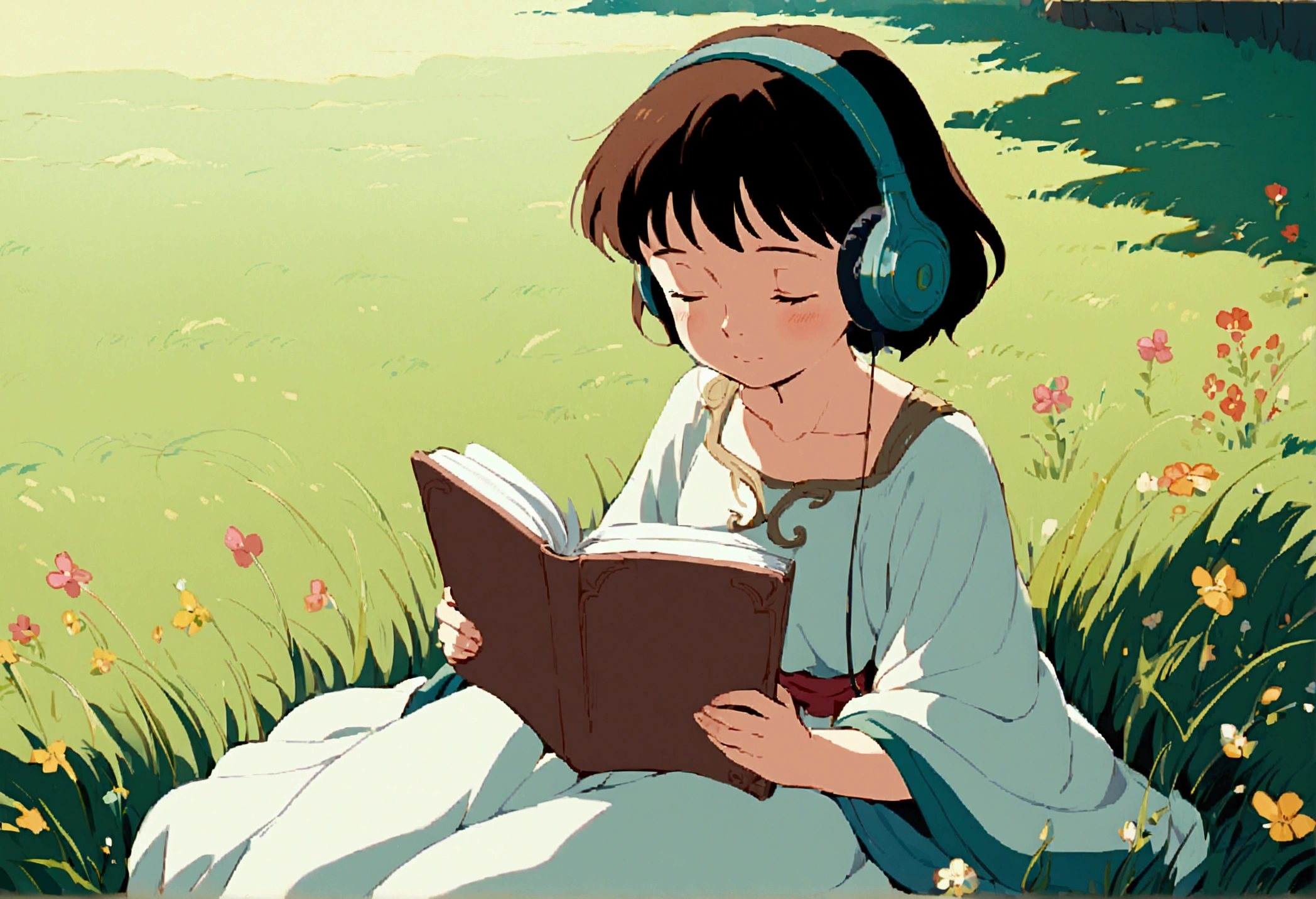 a cute girl sitting on grass full of beautiful flowers, (medium grass:1.3), wireless headphone on ear, eyes closed, simple, holding drawing book, listening to music, Studio Ghibli style, grass sway to the side, ghibli studio inspired, whimsical, airy, calm, serene, chill, ghibli, anime, ethereal