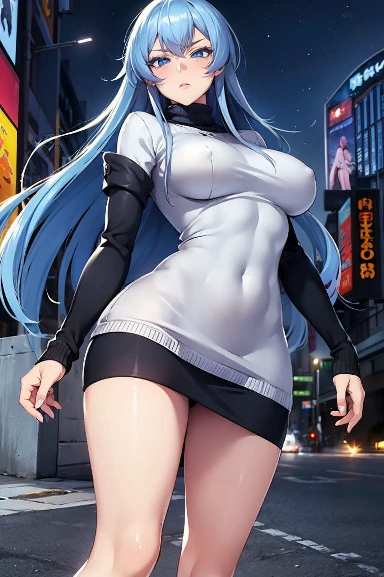 (artwork, best quality) a girl with long blue hair, blue eyes, blue eyelashes, black turtleneck sweater, black mini skirt, big breasts, bare legs, upset, perfect body, pretty eyes, nice waist, tattoo, blushing, on a street in New York, at night