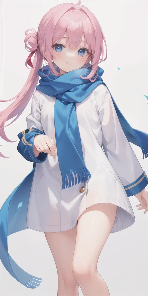 1 girl, full length, big bright blue eyes, Fair smooth skin, pink hair tied up in a neat hairstyle, small nose slightly potato, blue coat, blue scarf with red veins, smile, easy and friendly, White background, (masterpiece), Best quality, happy, friendly