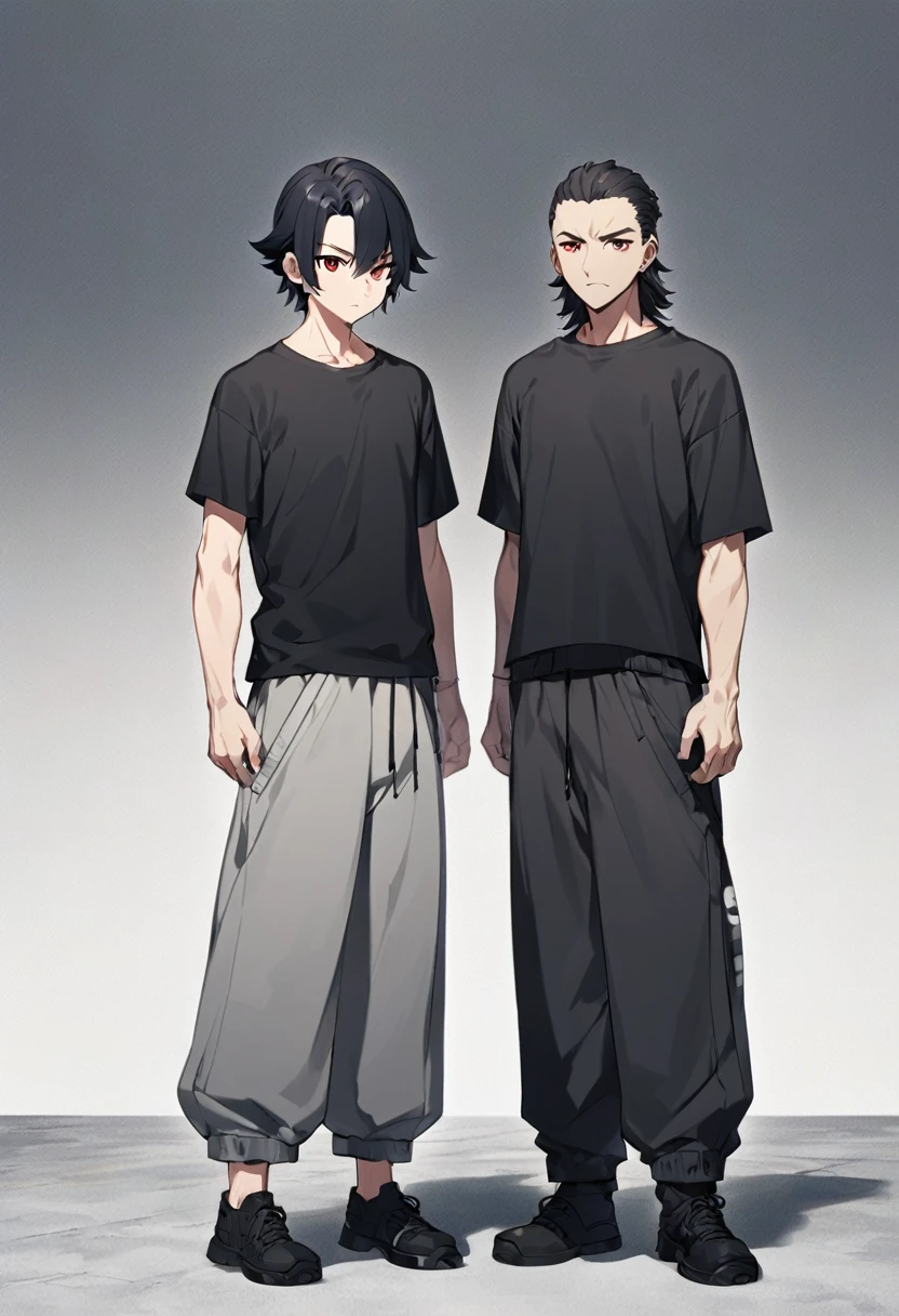 A anime man, black short hair, mullet haircut split in the middle, red eye, wearing a gray baggy pants, black thermal t-shirt, wearing a black shoe. standing, full body, adult, slightly muscular body, blank scenery