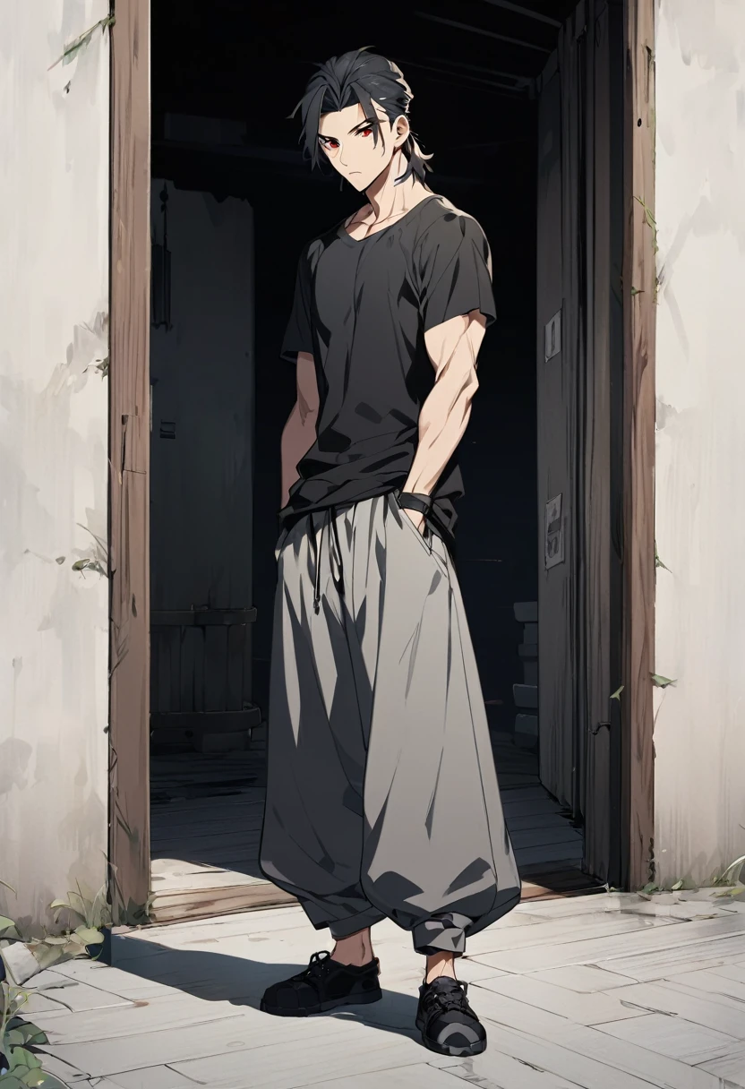 A anime man, black short hair, mullet haircut split in the middle, red eye, wearing a gray baggy pants, black thermal t-shirt, wearing a black shoe. standing, full body, adult, slightly muscular body, blank scenery