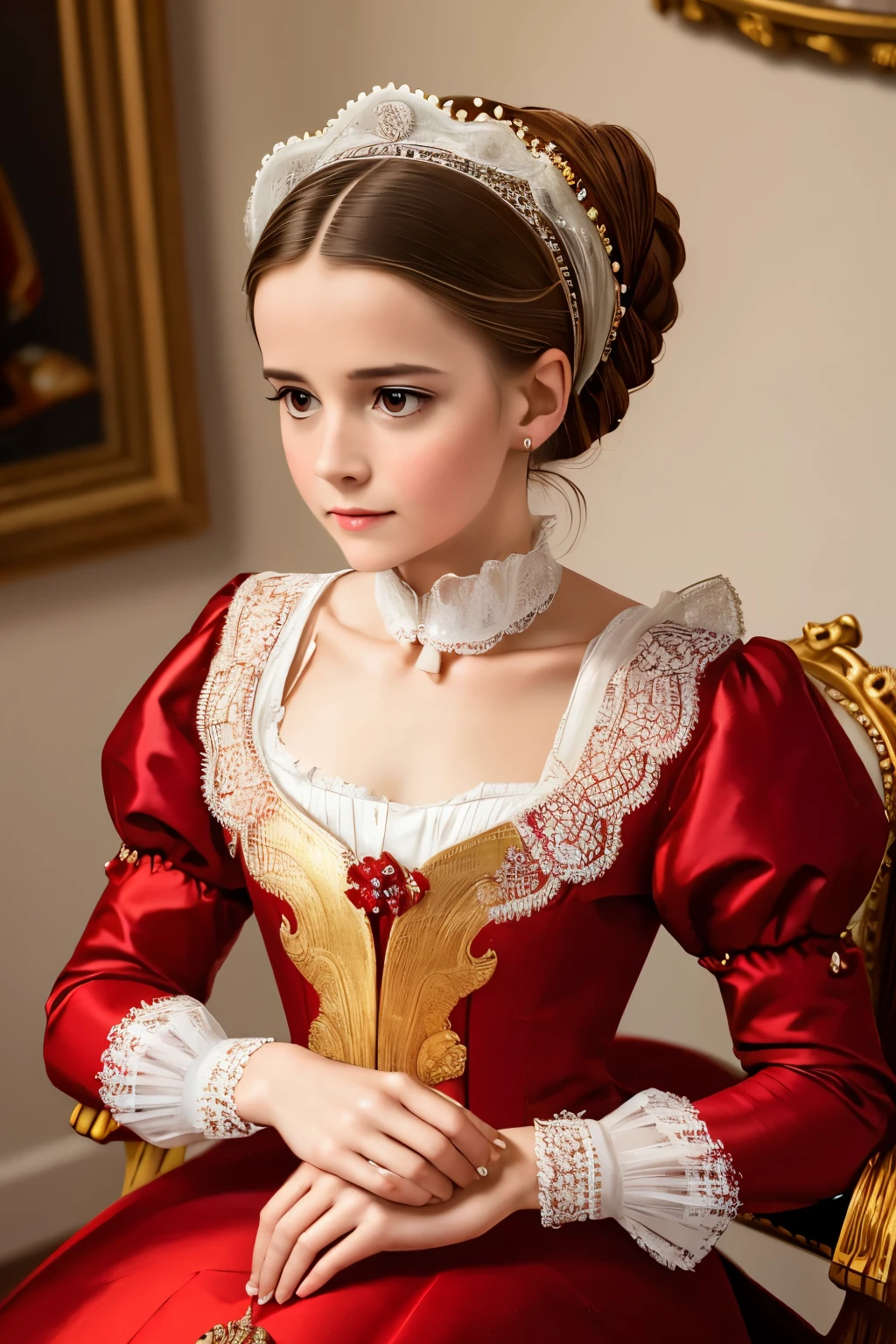 painting of a woman in a red dress with a white collar, portrait of a queen, 1 7 th century duchess, as an elegant noblewoman, inspired by Sofonisba Anguissola, 1500s oil portrait, wearing elegant tudor clothes, by Sofonisba Anguissola, painted in 1530, inspired by Eleanor Vere Boyle